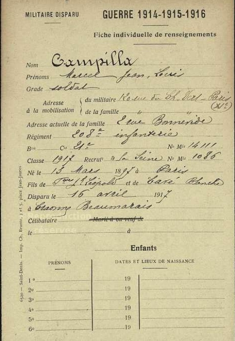 Fiche individuelle de renseignements de militaire disparu Base de données des poilus de Saint-Denis
