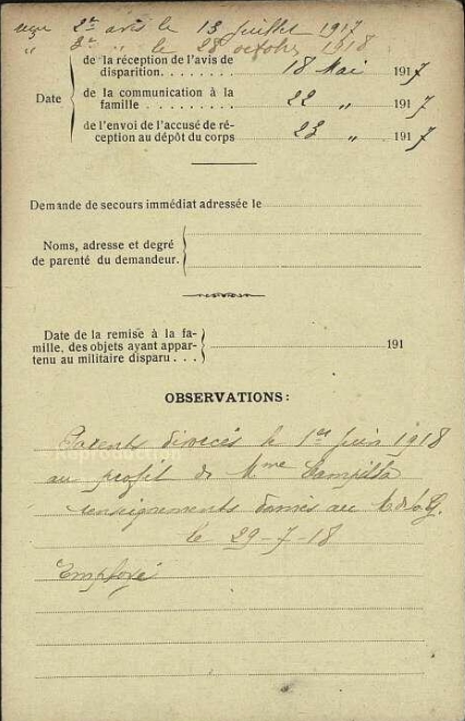 Fiche individuelle de renseignements de militaire disparu Base de données des poilus de Saint-Denis