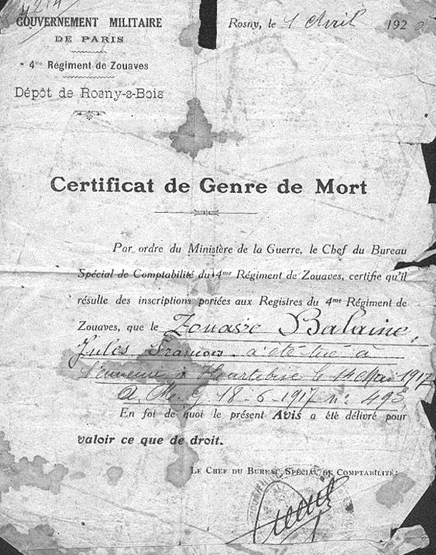Certificat mort - Jules BALAINE