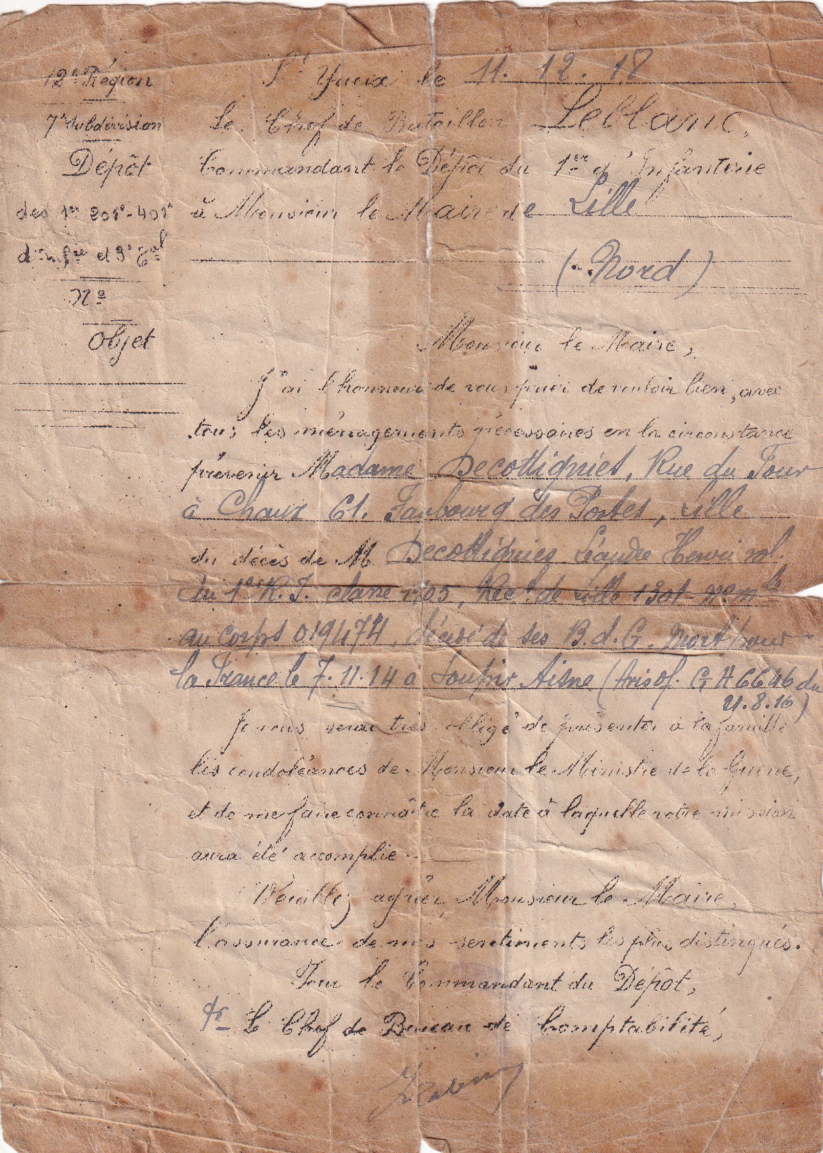 Lettre à la famille datée de1918 concernant Decottignies Léandre Henri mort en  1914