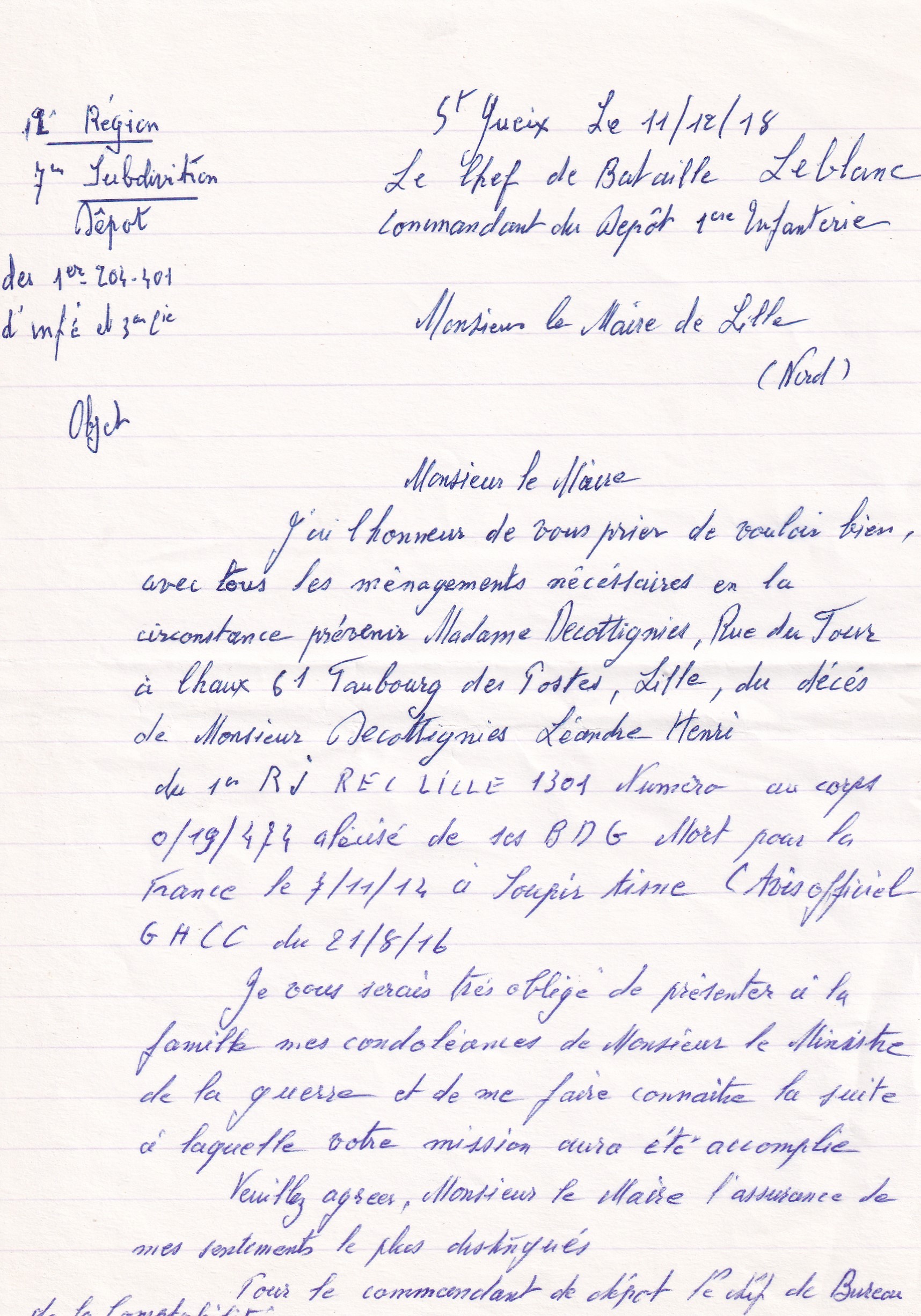 Lettre à la famille datée de 1918 concernant Decottignies Léandre Henri mort en 1914