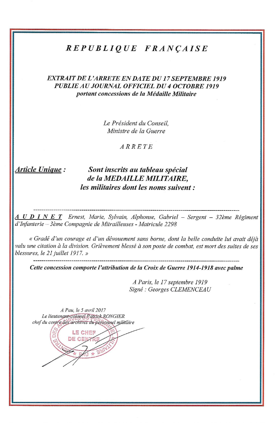 Médaille militaire -AUDINET Ernest