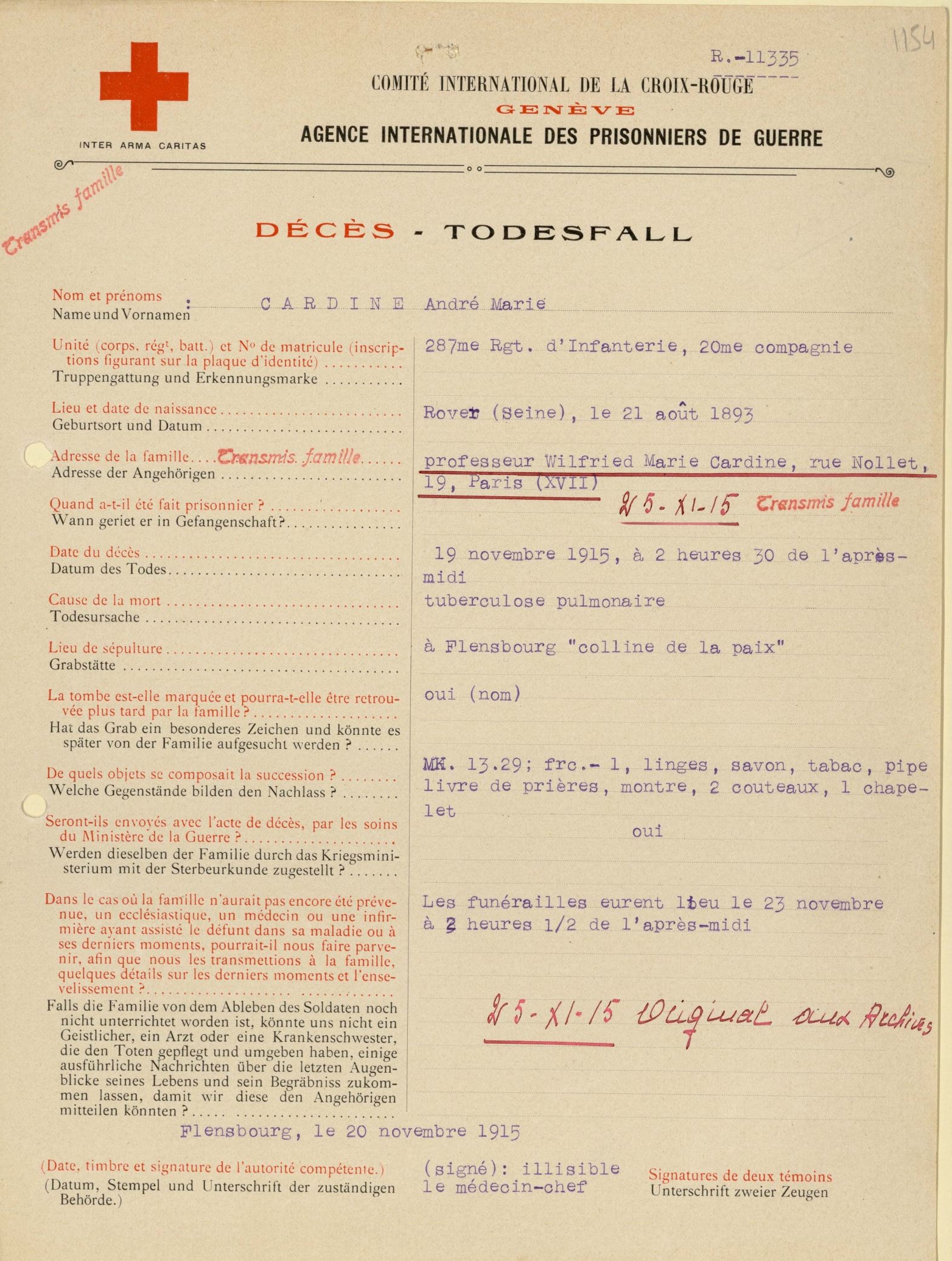 Acte de décés de Marie Cardine André Pierre