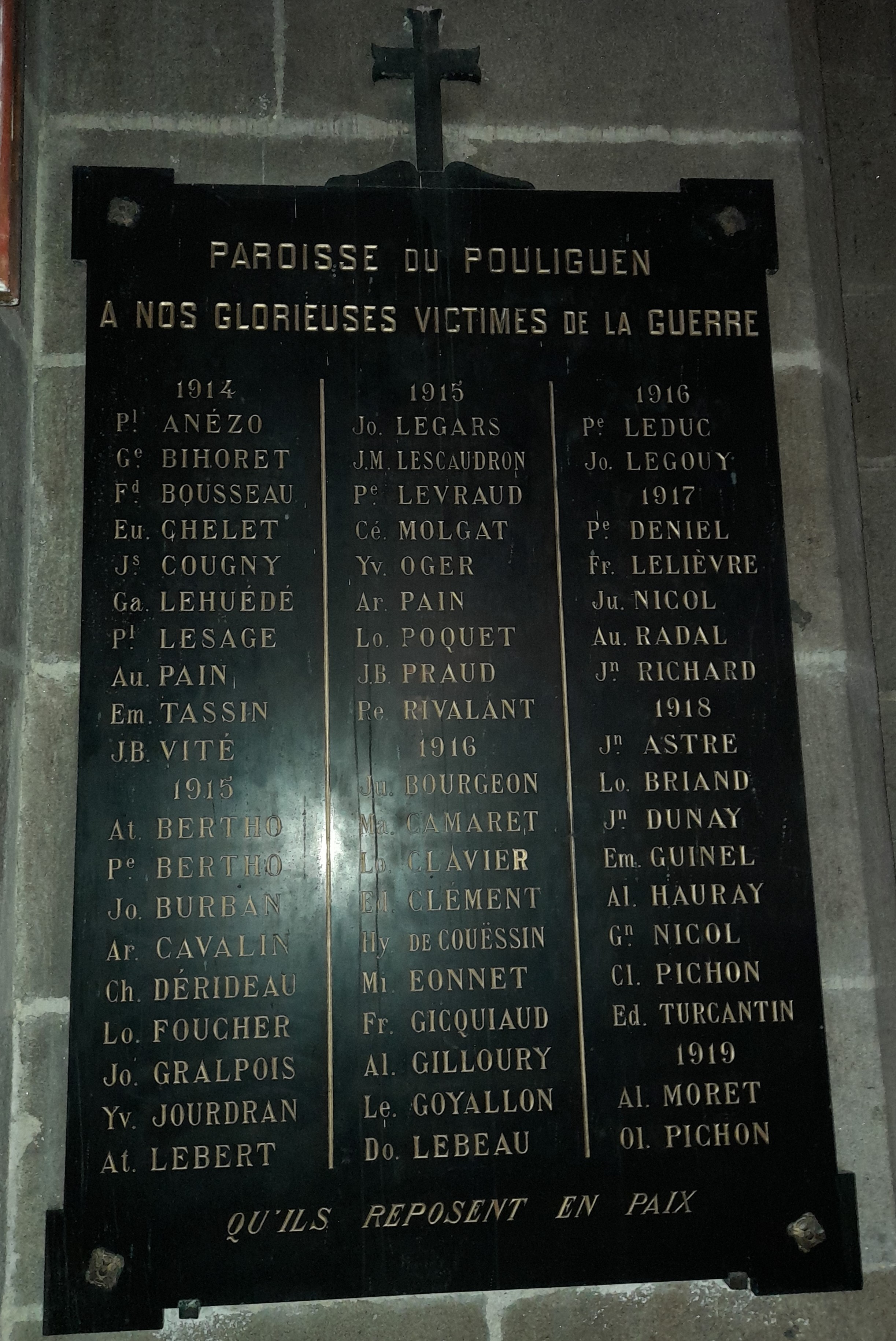 Plaque commémorative Eglise de Le Pouliguen (Loire Inférieure)
