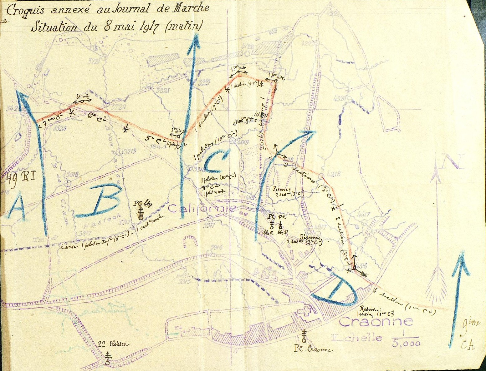 Position du 414e régiment d'infanterie à Craonne le 8 mai 1917