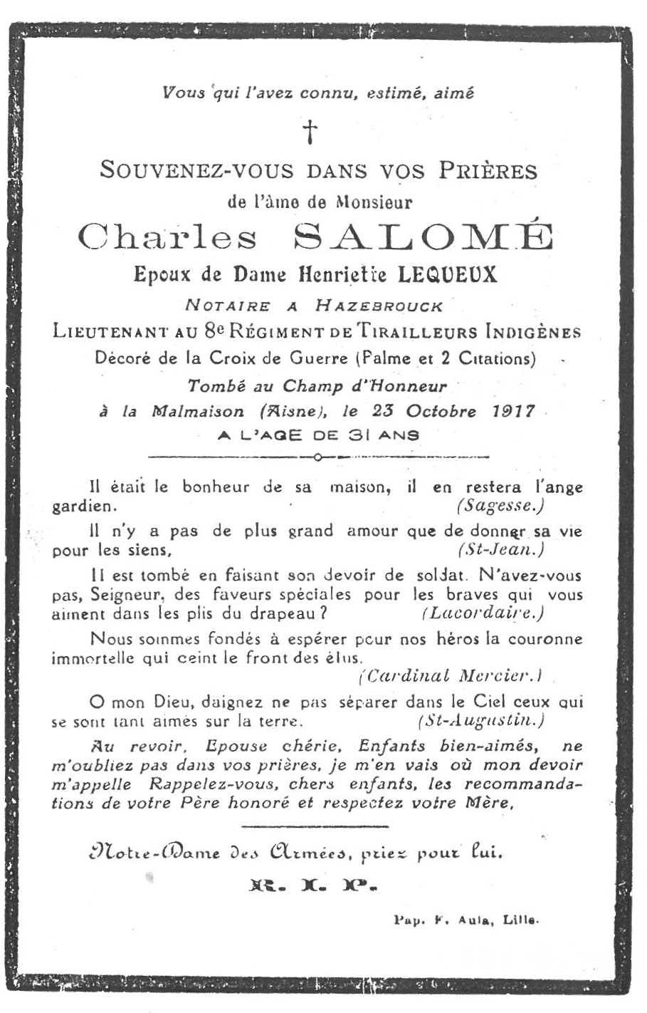 Faire-part de décès de Charles SALOME
