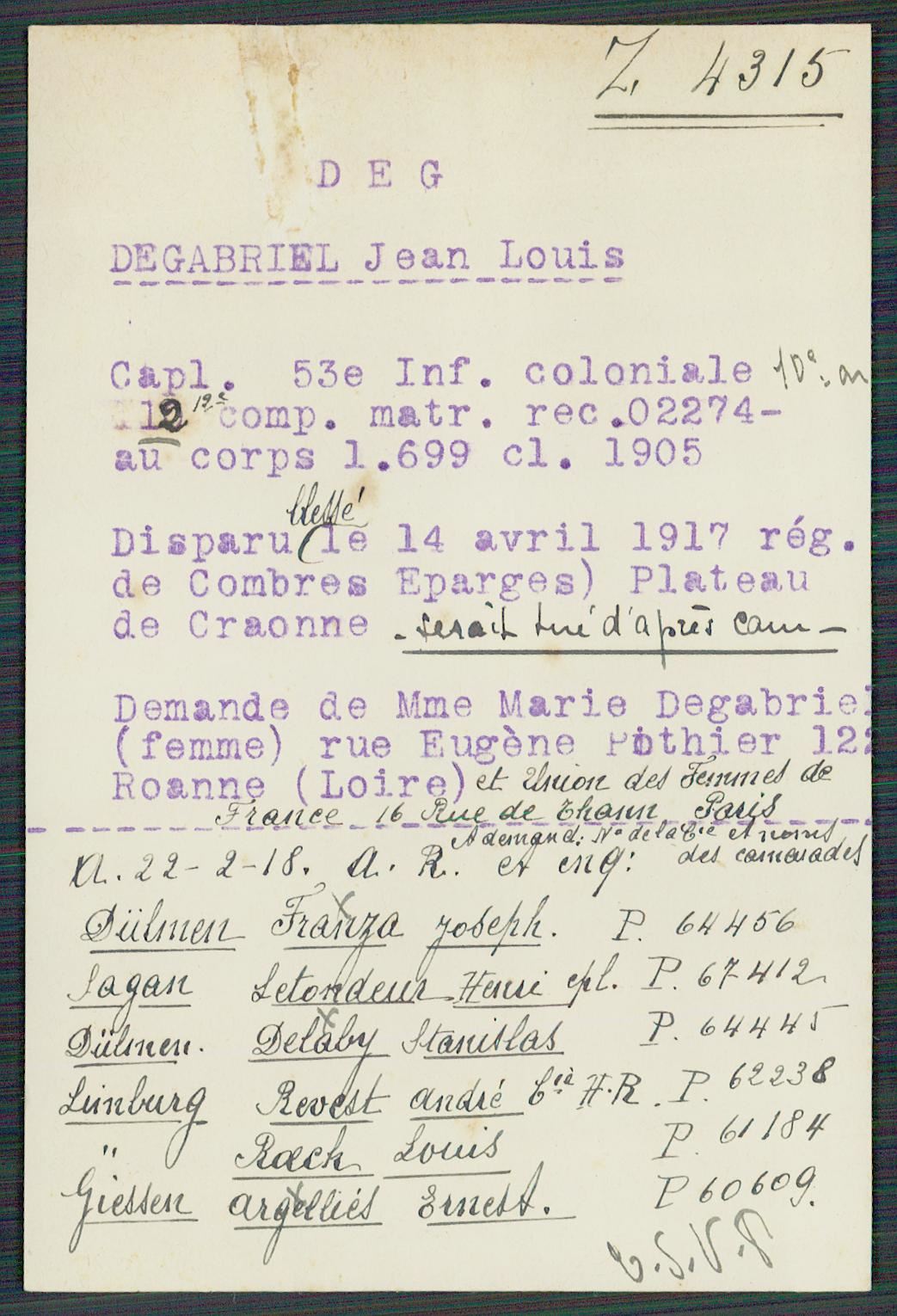 Fiche de demande de renseignements sur Jean Louis Degabriel