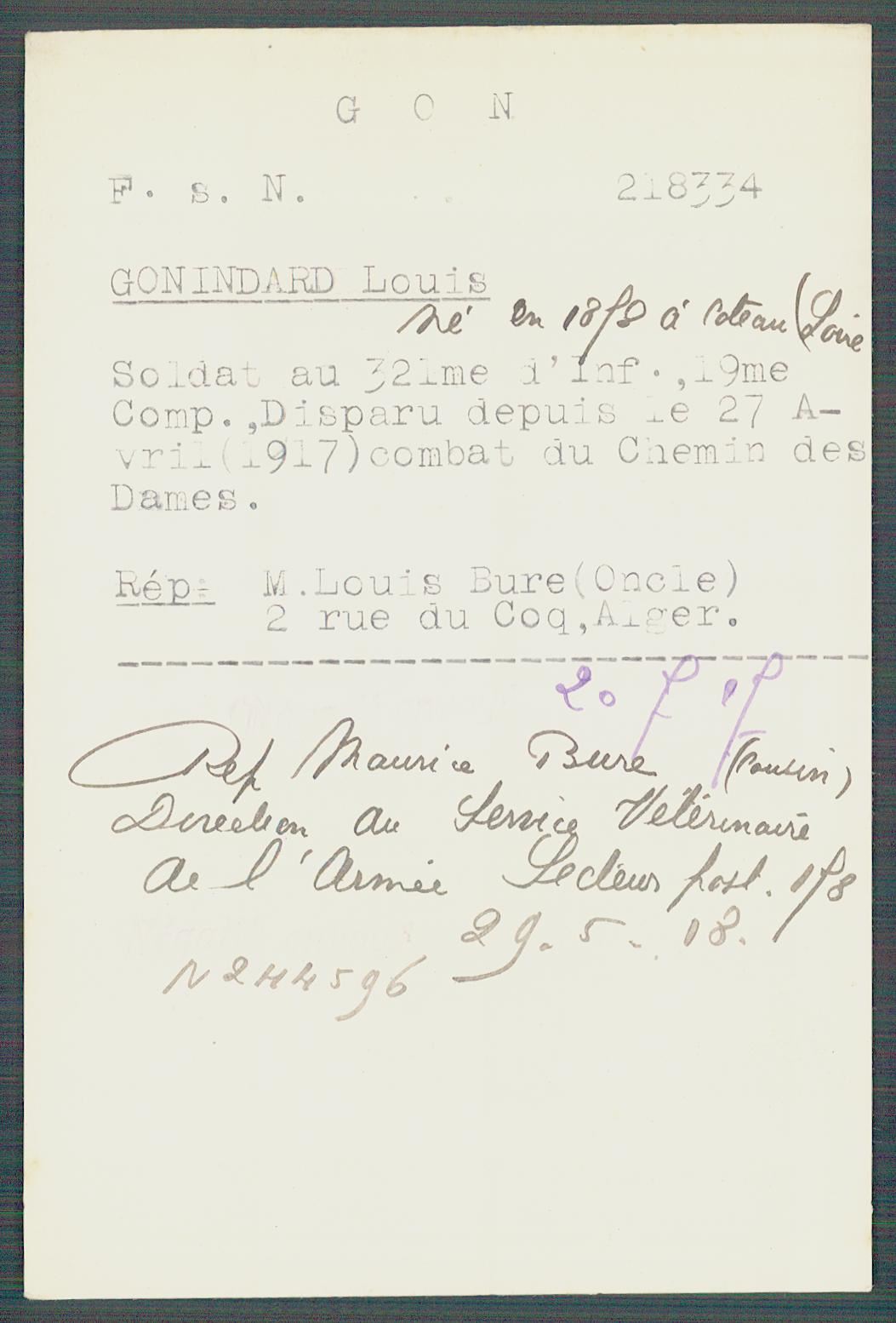 Fiche de demande de renseignements sur Louis Gonindard