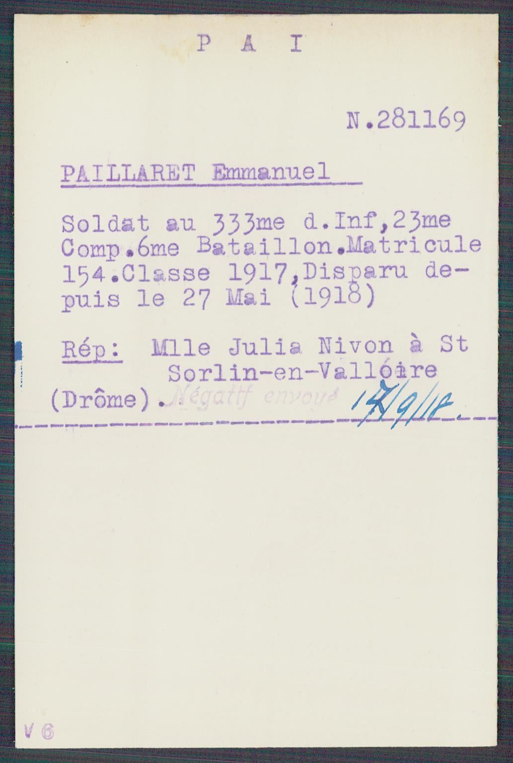 Fiche de demande de renseignements sur Alphonse Emmanuel Paillaret