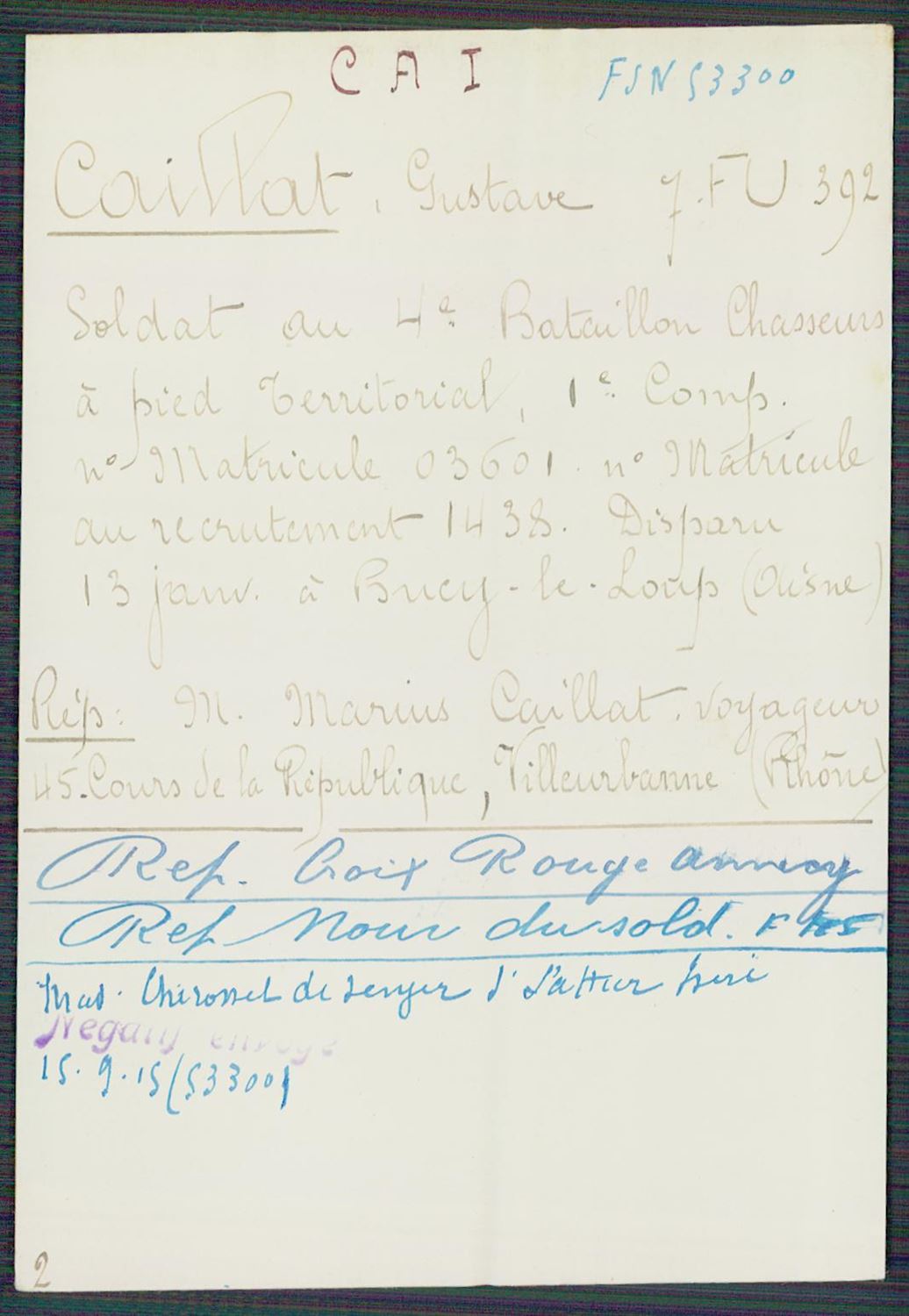Fiche de demande de renseignements sur Gustave Caillat