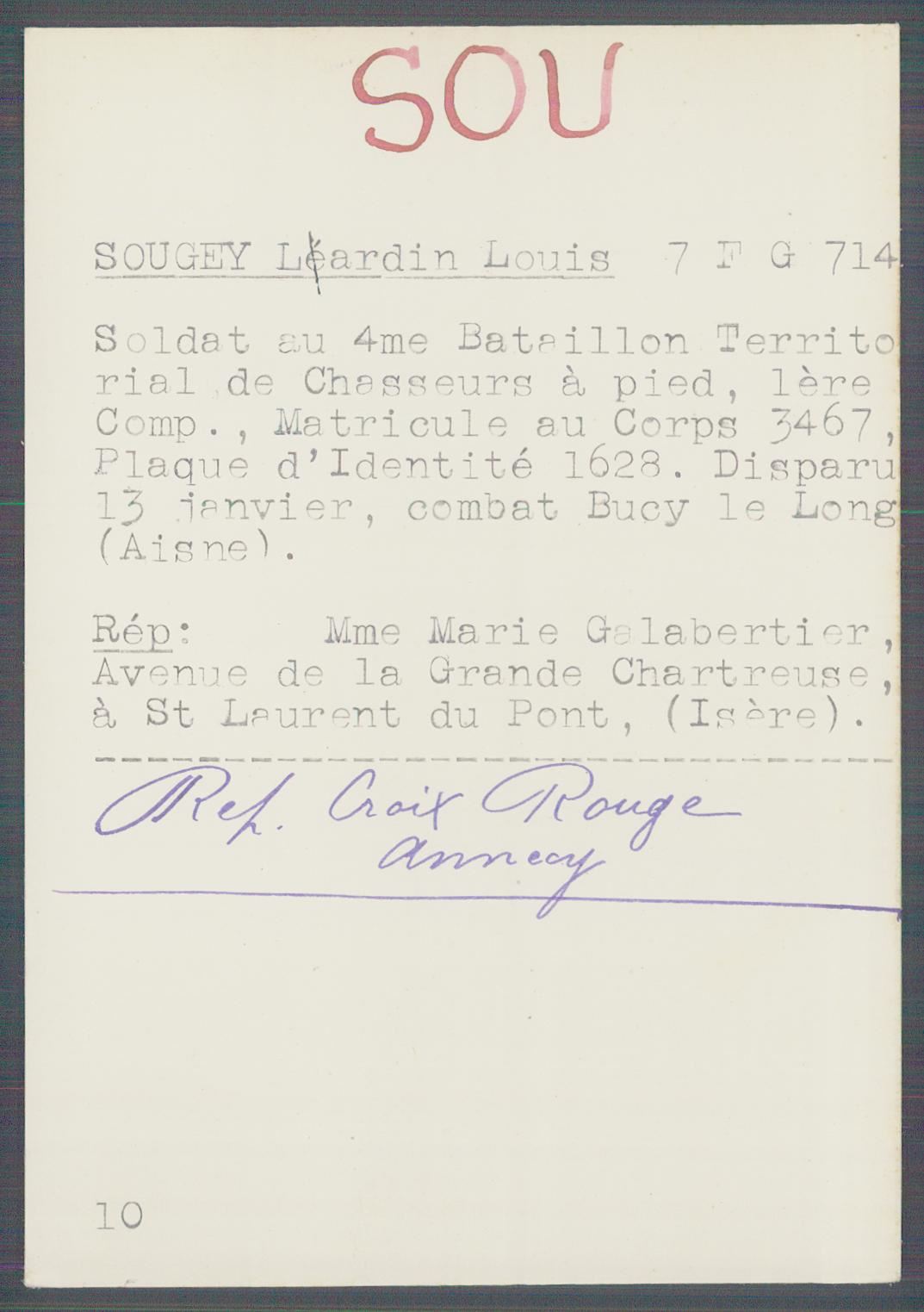 Fiche de demande de renseignements sur Louis Sougey-Lardin