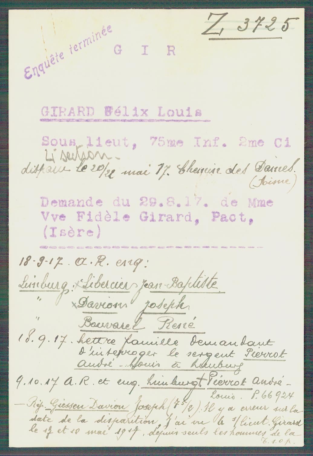 Fiche de demande de renseignements sur Félix Girard