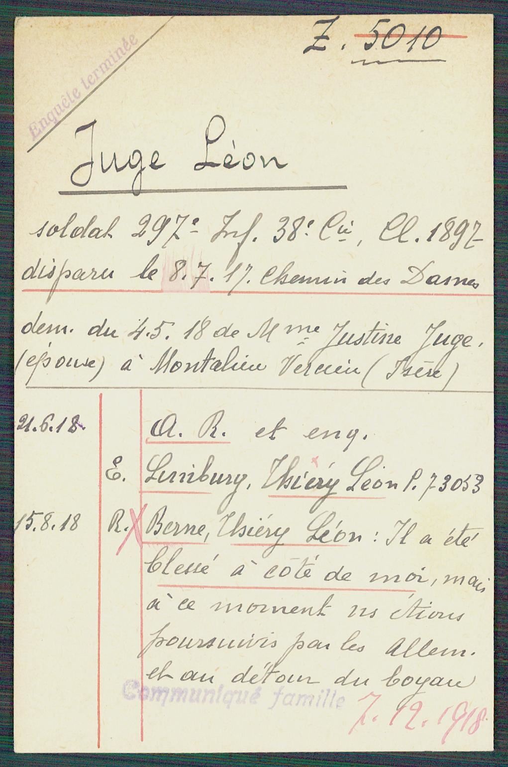 Fiche de demande de renseignements sur Léon Juge