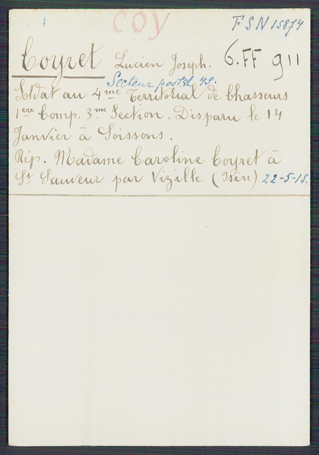 Fiche de demande de renseignements sur Lucien Coyret