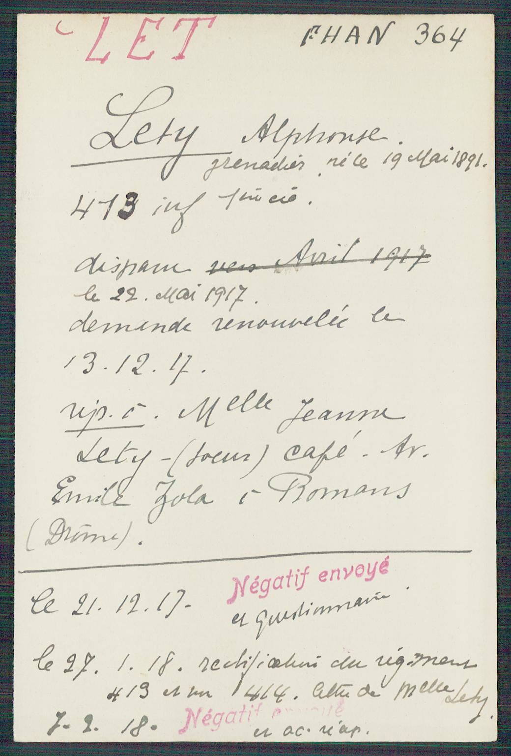 Fiche de demande de renseignements sur Alphonse Lety