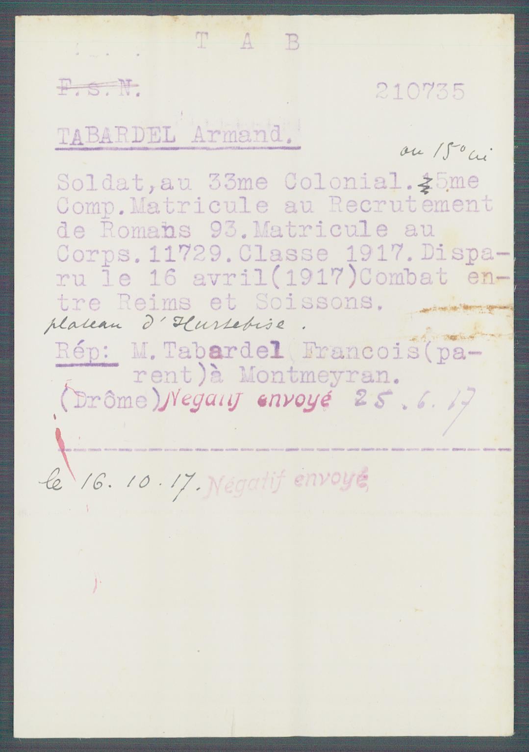 Fiche de demande de renseignements sur Armand Tabardel