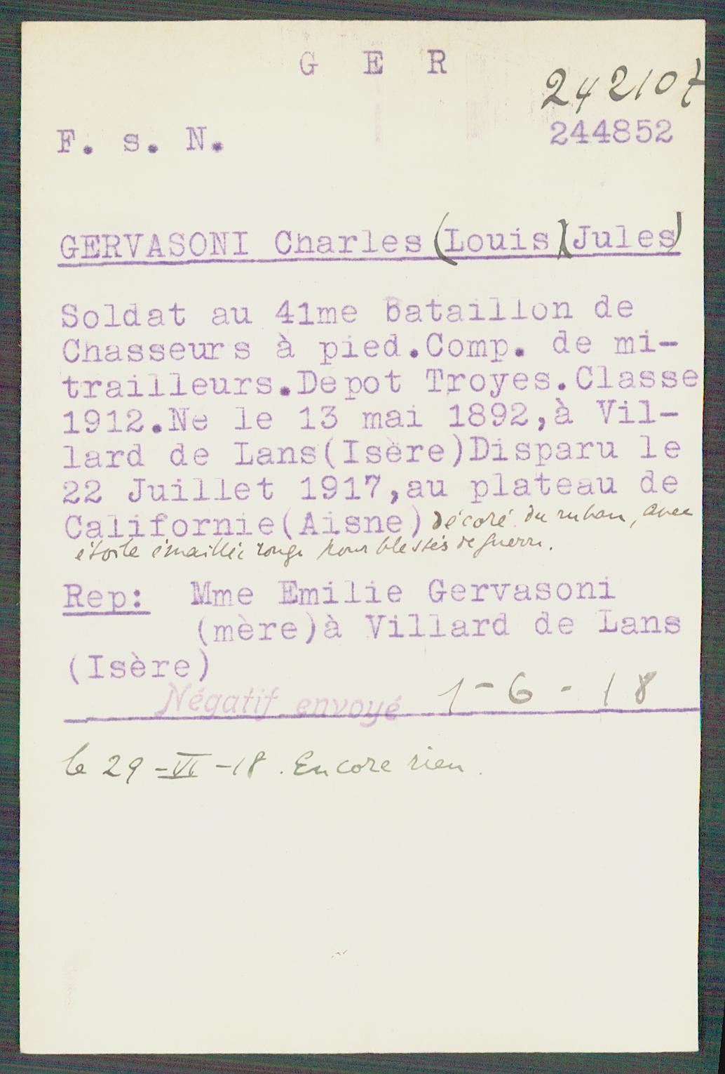 Fiche de demande de renseignements sur Charles Gervasoni