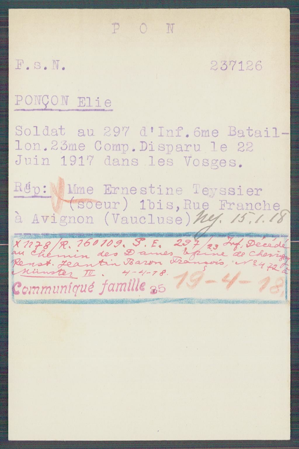 Fiche de demande de renseignements sur Elie Ponçon