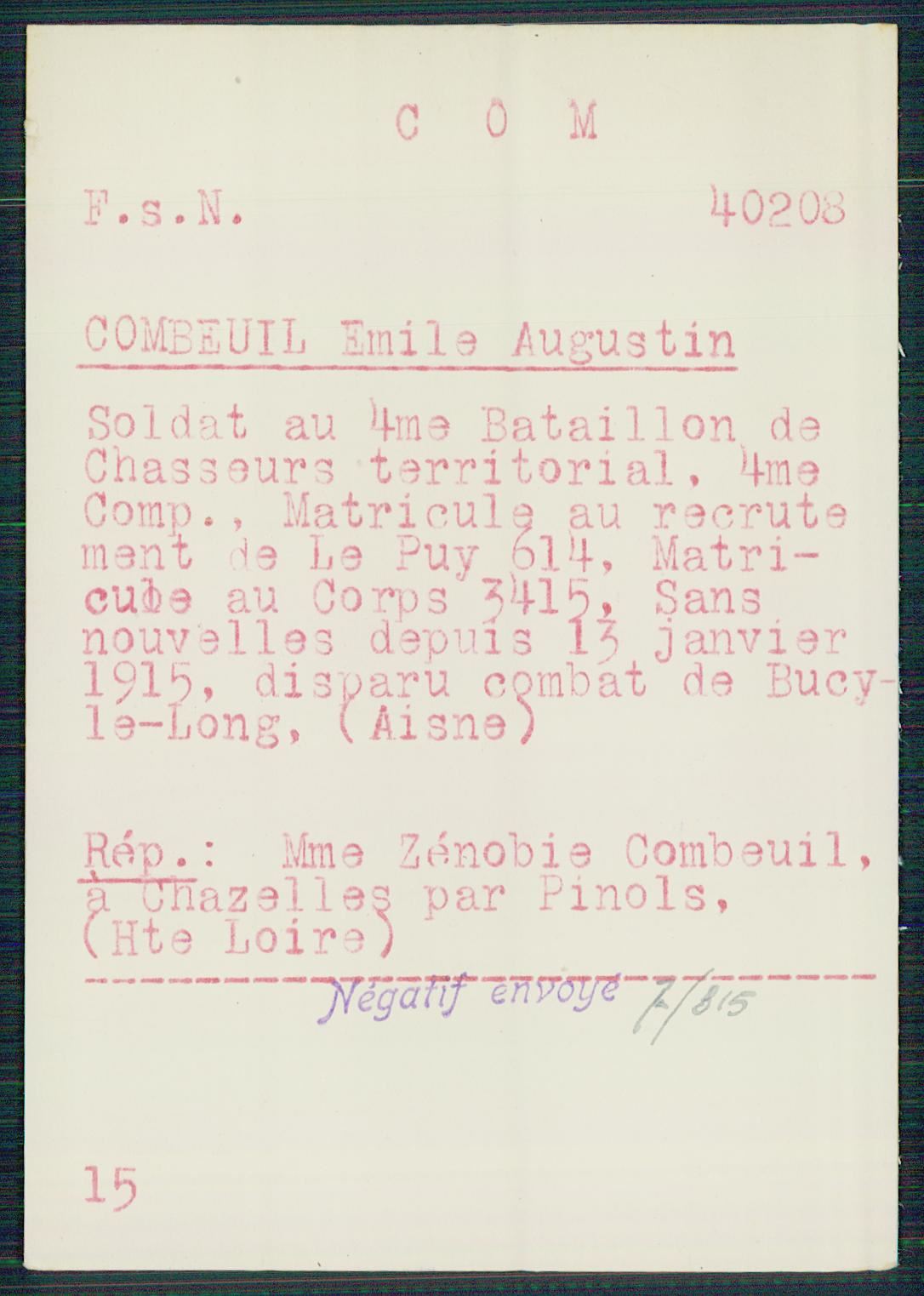 Fiche de demande de renseignements sur Emile Combeuil