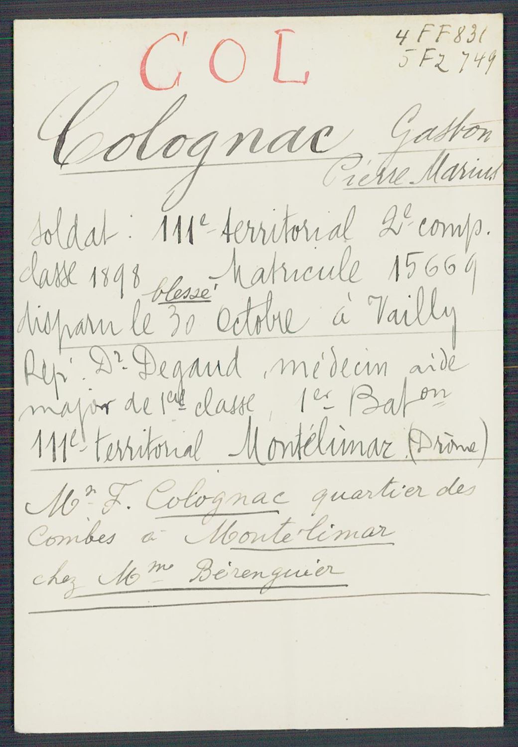 Fiche de demande de renseignements sur Gaston Colognac