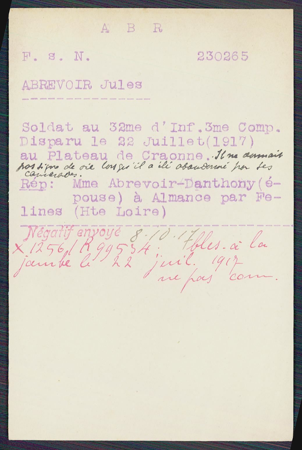 Fiche de demande de renseignements sur Jules Abrevoir