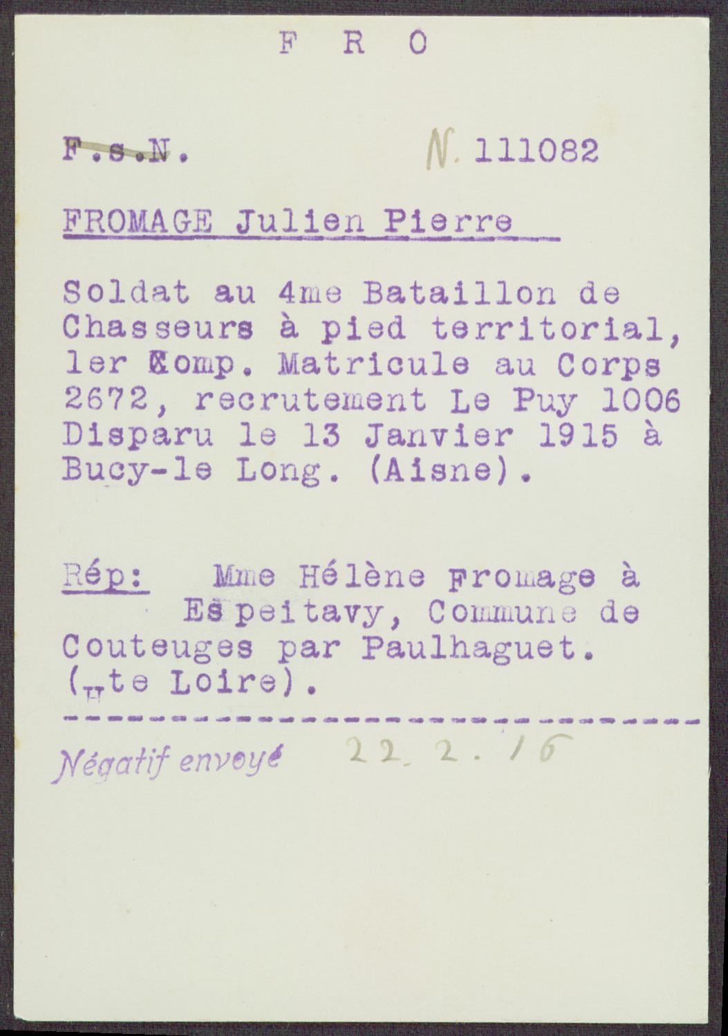 Fiche de demande de renseignements sur Julien Fromage