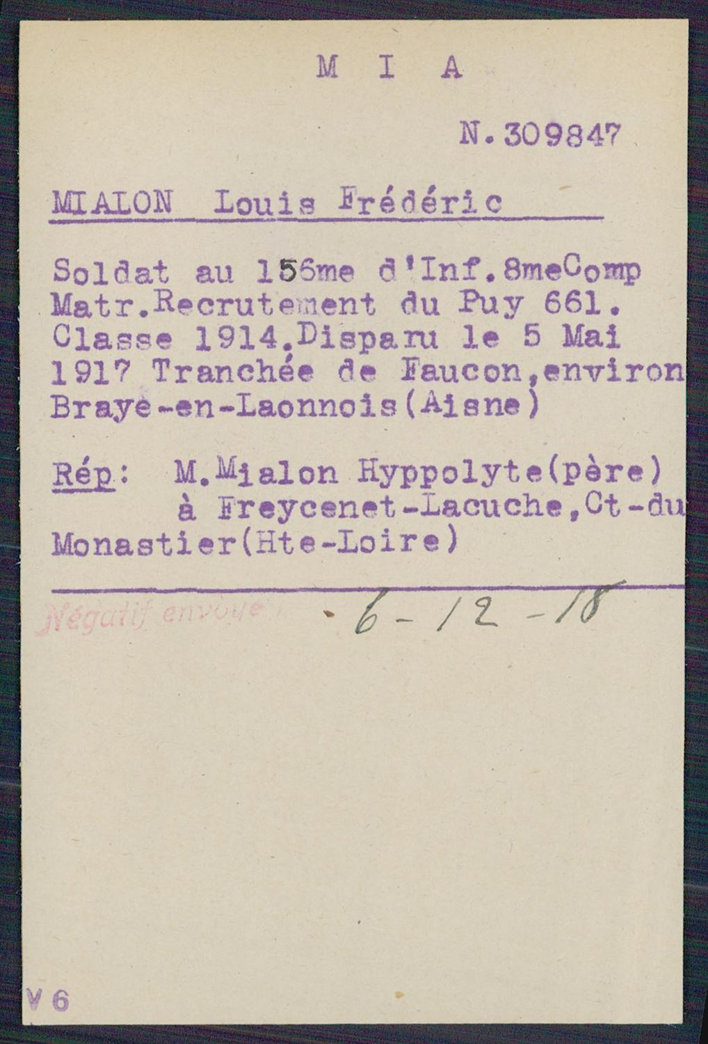 Fiche de demande de renseignements sur Louis Mialon