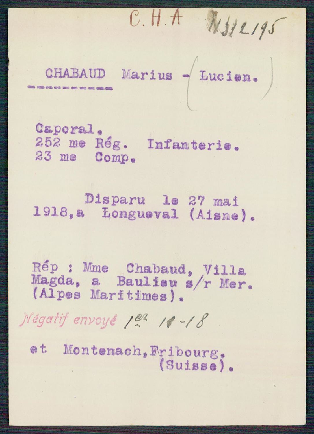 Fiche de demande de renseignements sur  Marius Chabaud