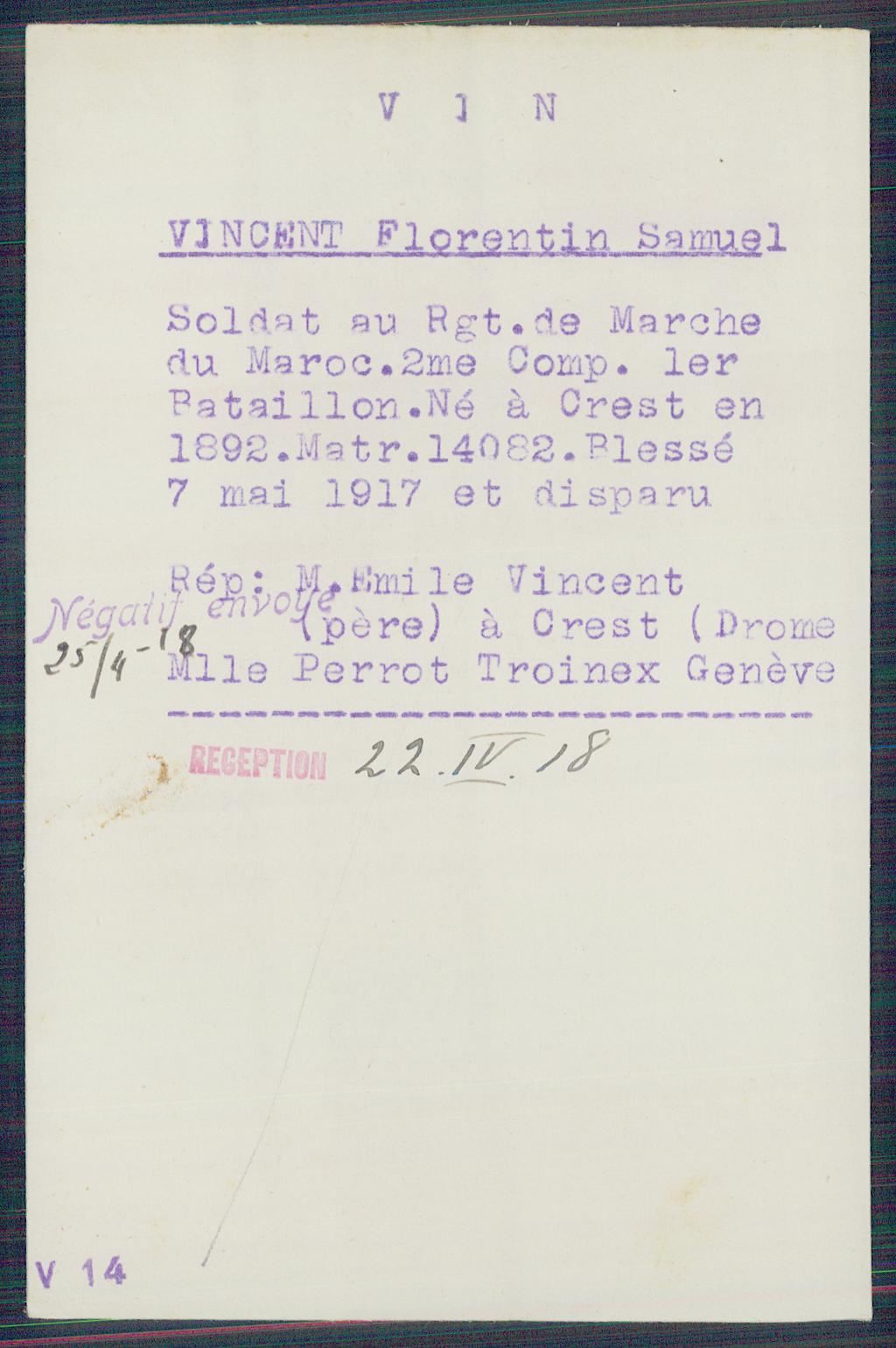 Fiche de demande de renseignements sur Florentin Vincent