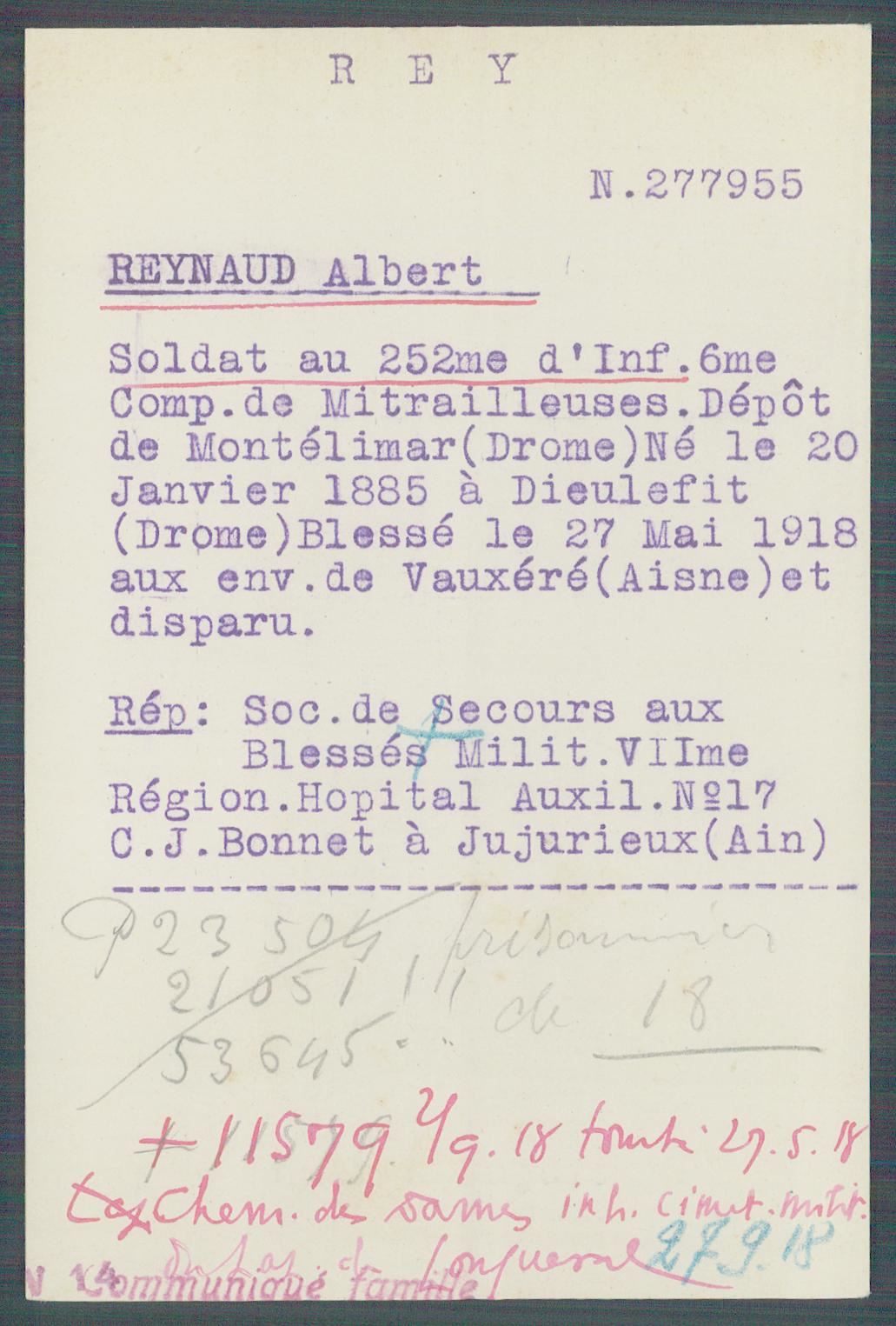 Fiche de demande de renseignements sur Albert Reynaud