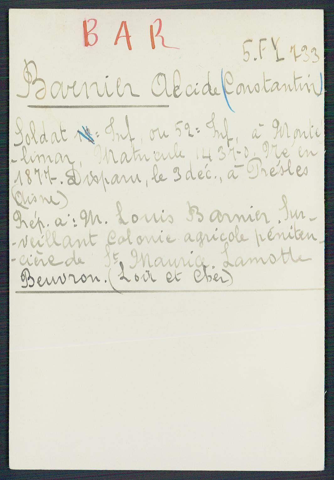 Fiche de demande de renseignements sur Alcide Barnier