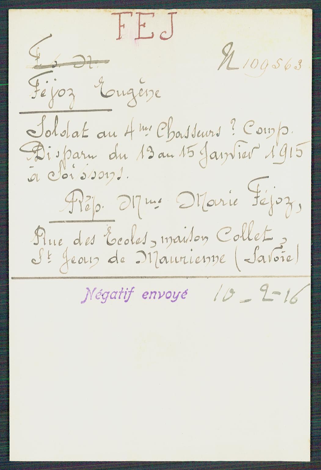 Fiche de demande de renseignements sur Charles Eugène Fejoz