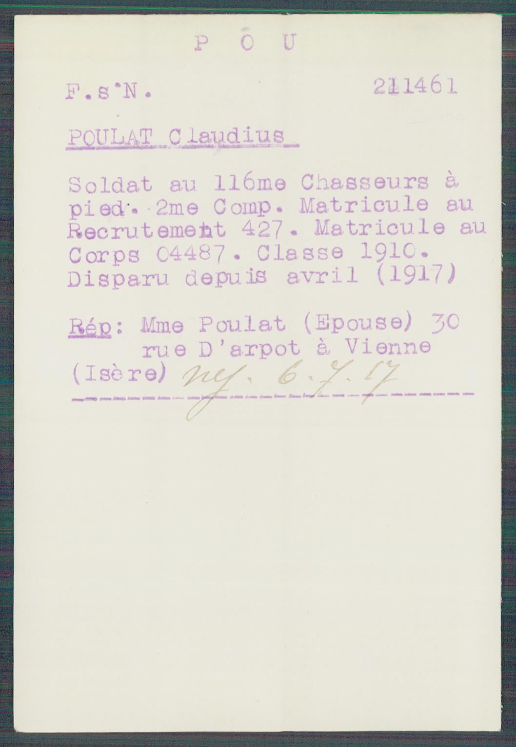 Fiche de demande de renseignements sur Claudius Poulat