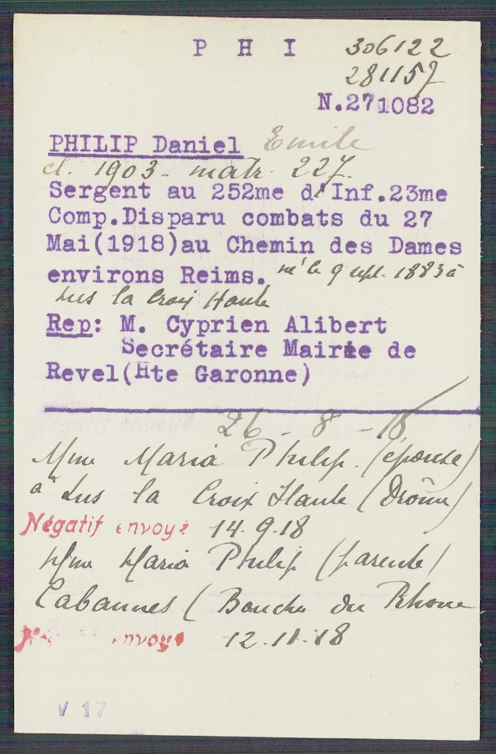 Fiche de demande de renseignements sur Daniel Philip