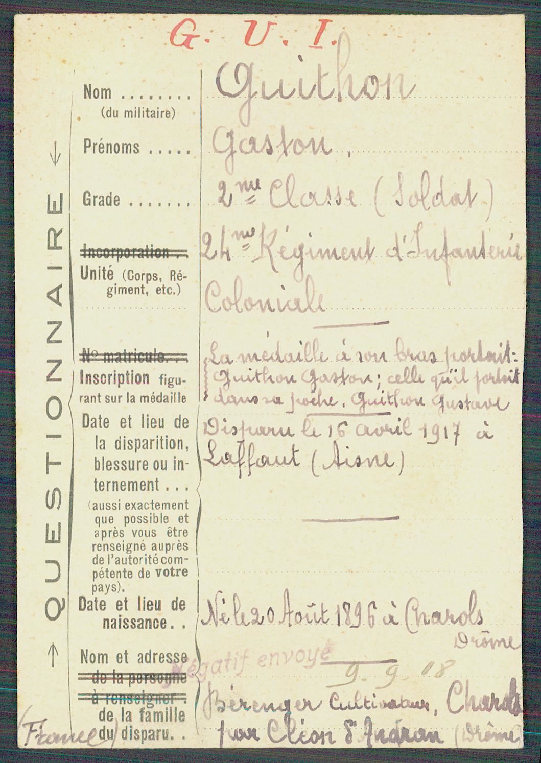 Questionnaire de demande de renseignements sur Gaston Guithon