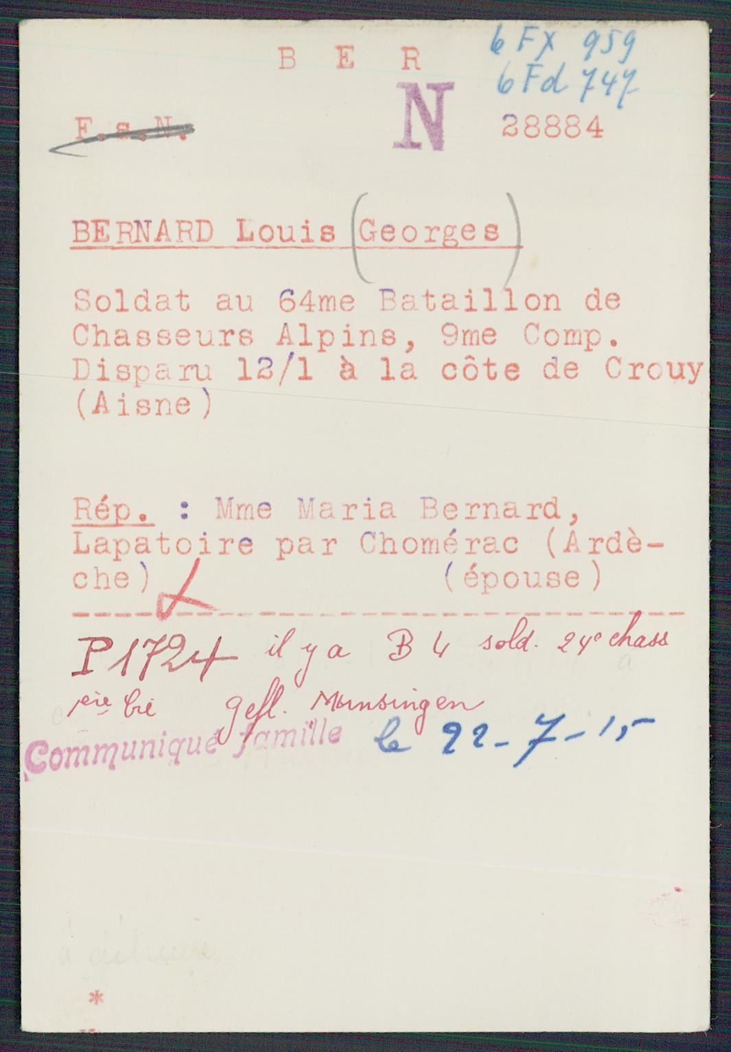 Fiche de demande de renseignements sur Georges Bernard
