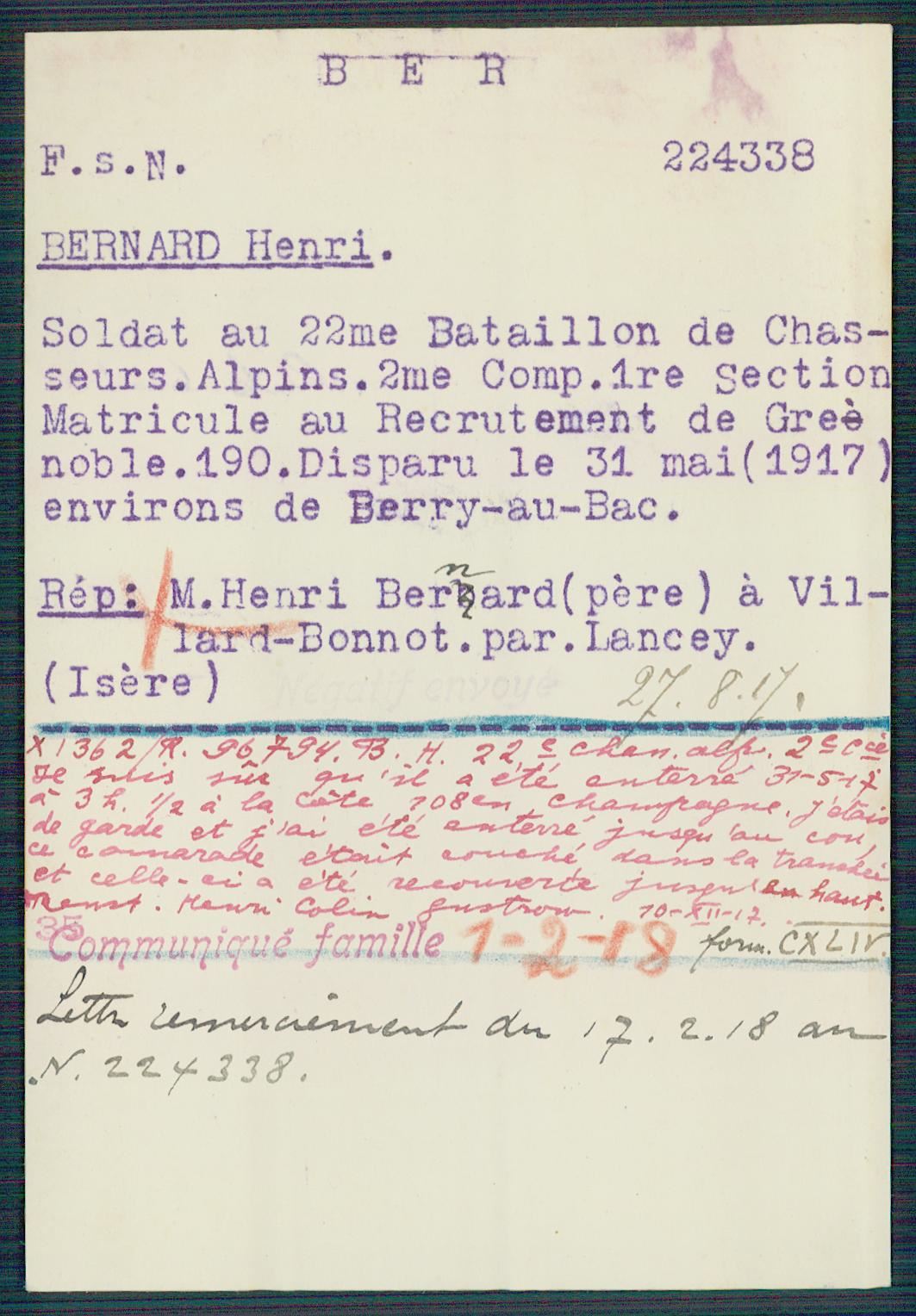 Fiche de demande de renseignements sur Henri Bernard