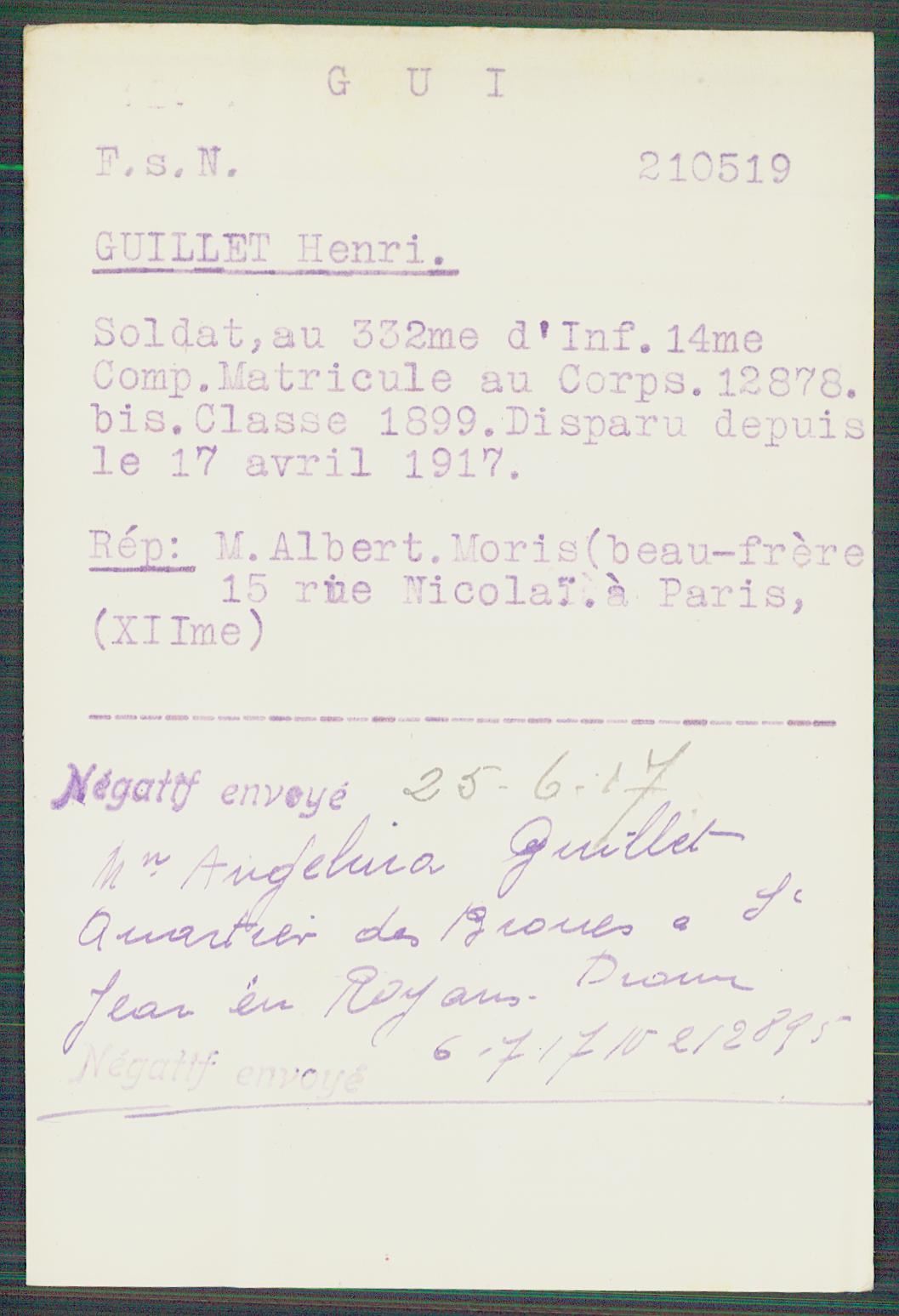 Fiche de demande de renseignements sur Henri Guillet