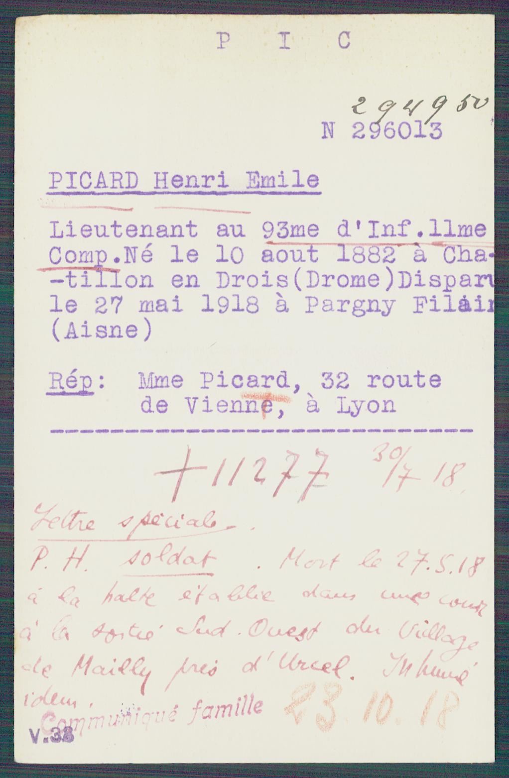 Fiche de demande de renseignements sur Henri Picard