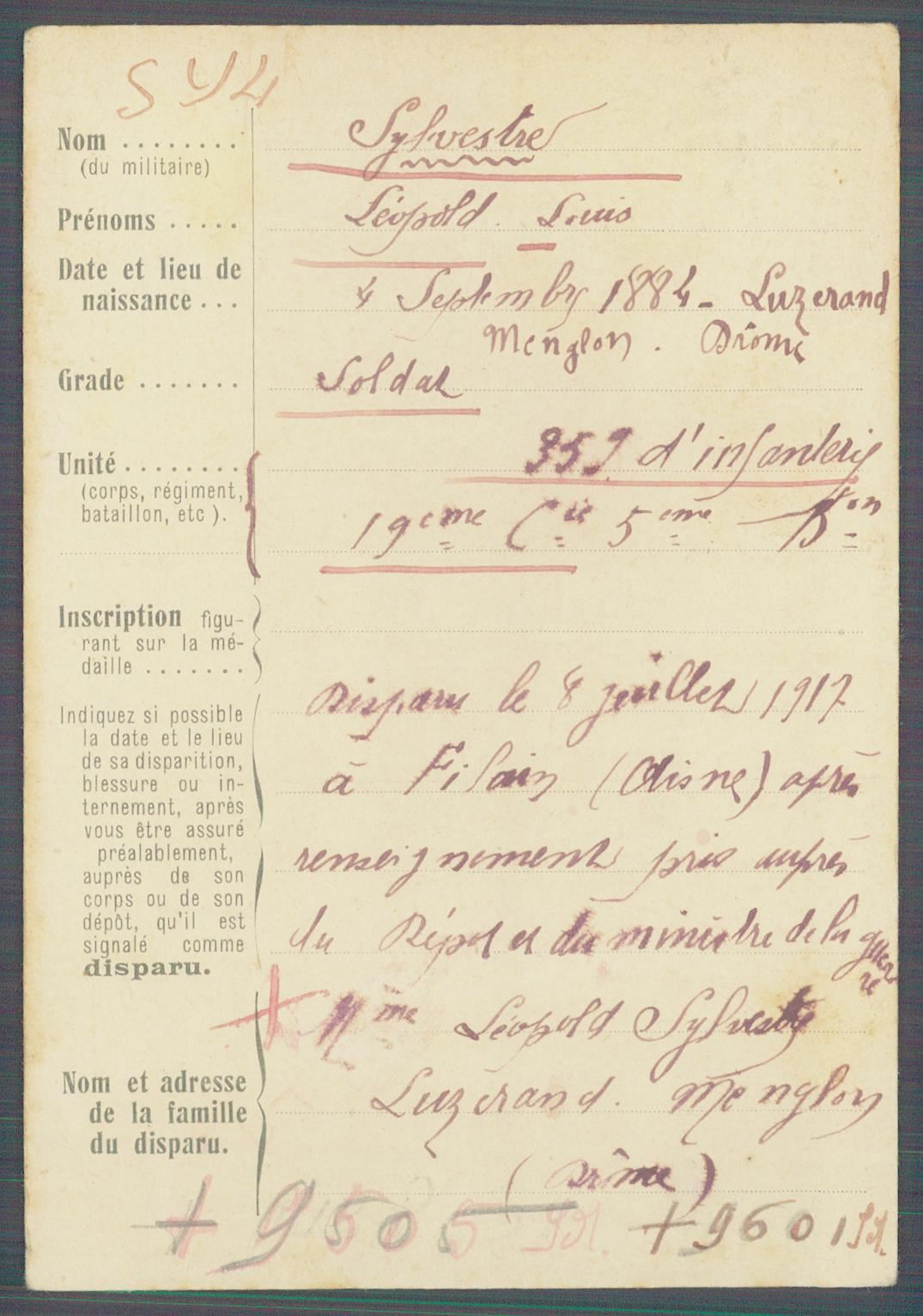 Questionnaire de demande de renseignements sur Léopold Sylvestre