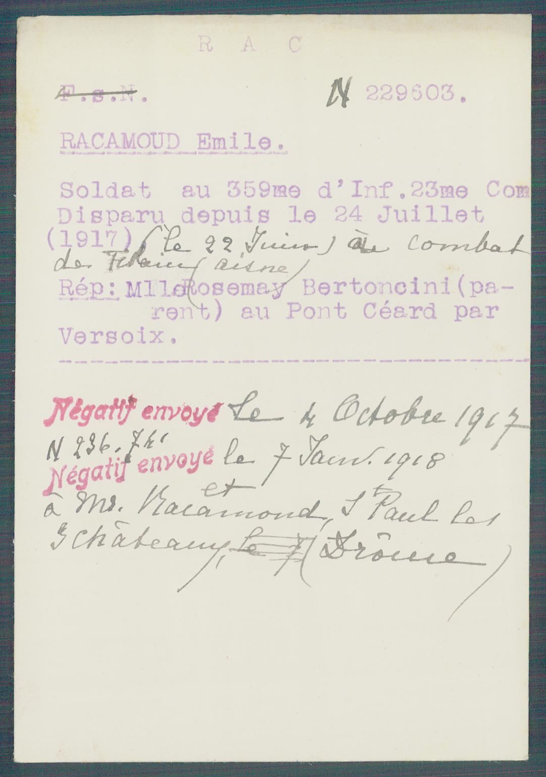 Fiche de demande de  renseignements sur Louis Emile Racamond