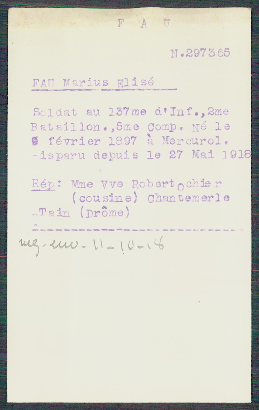 Fiche de demande de renseignements sur Marius Fau