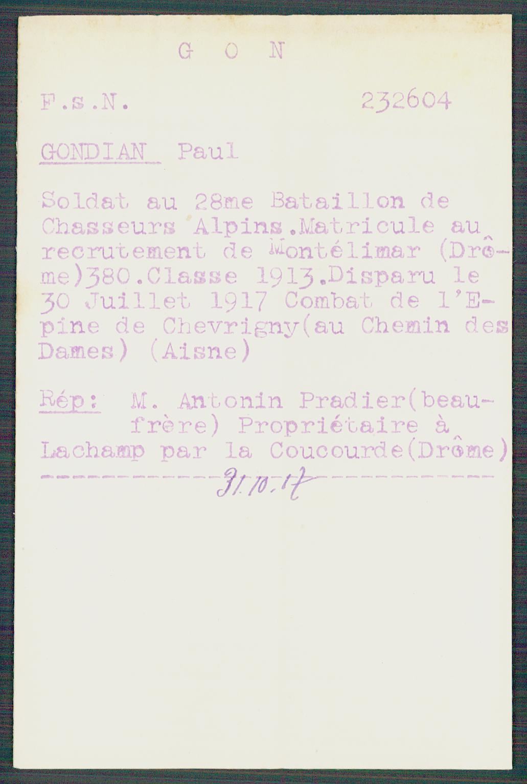 Fiche de demande de renseignements sur Paul Gondian