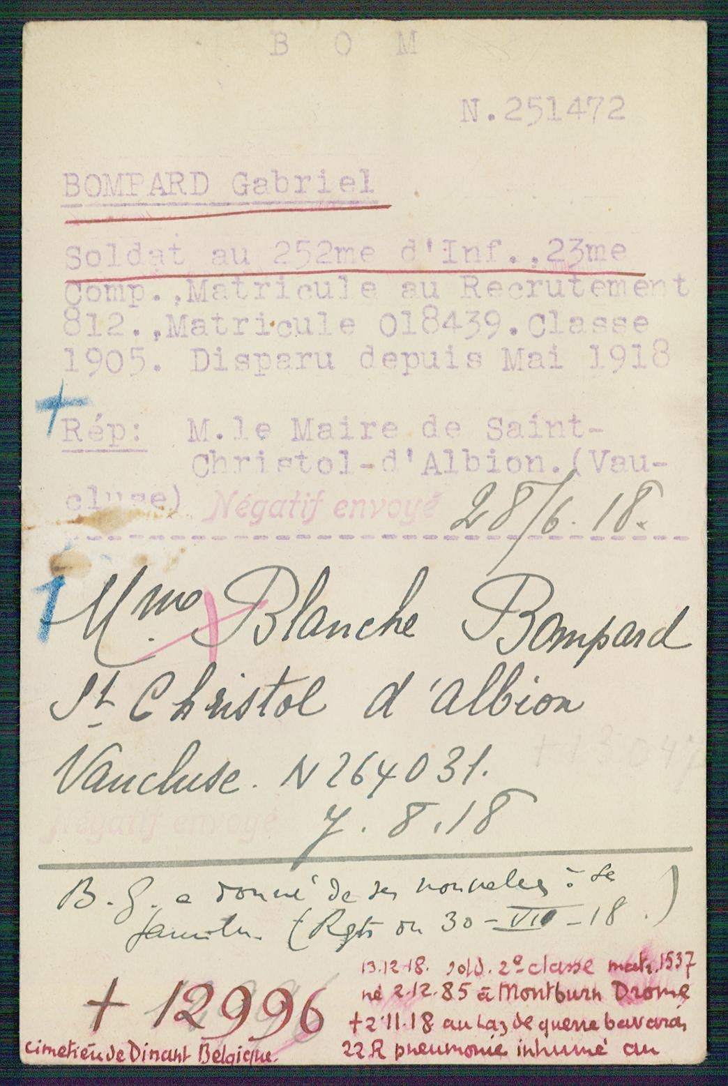 Fiche de demande de renseignements sur Victor Gabriel Bompard