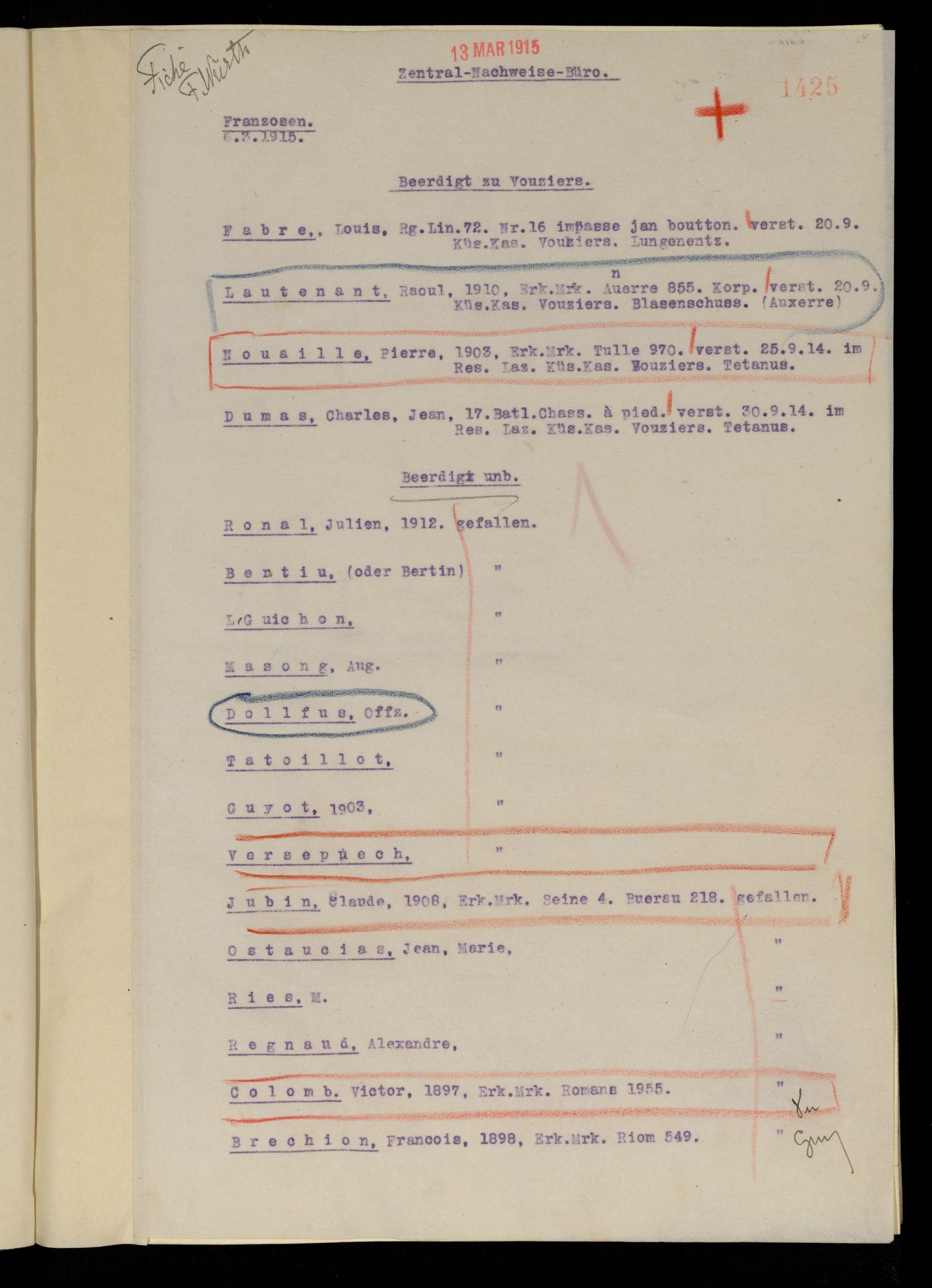 Liste décès prisonniers français dont Victor Colomb
