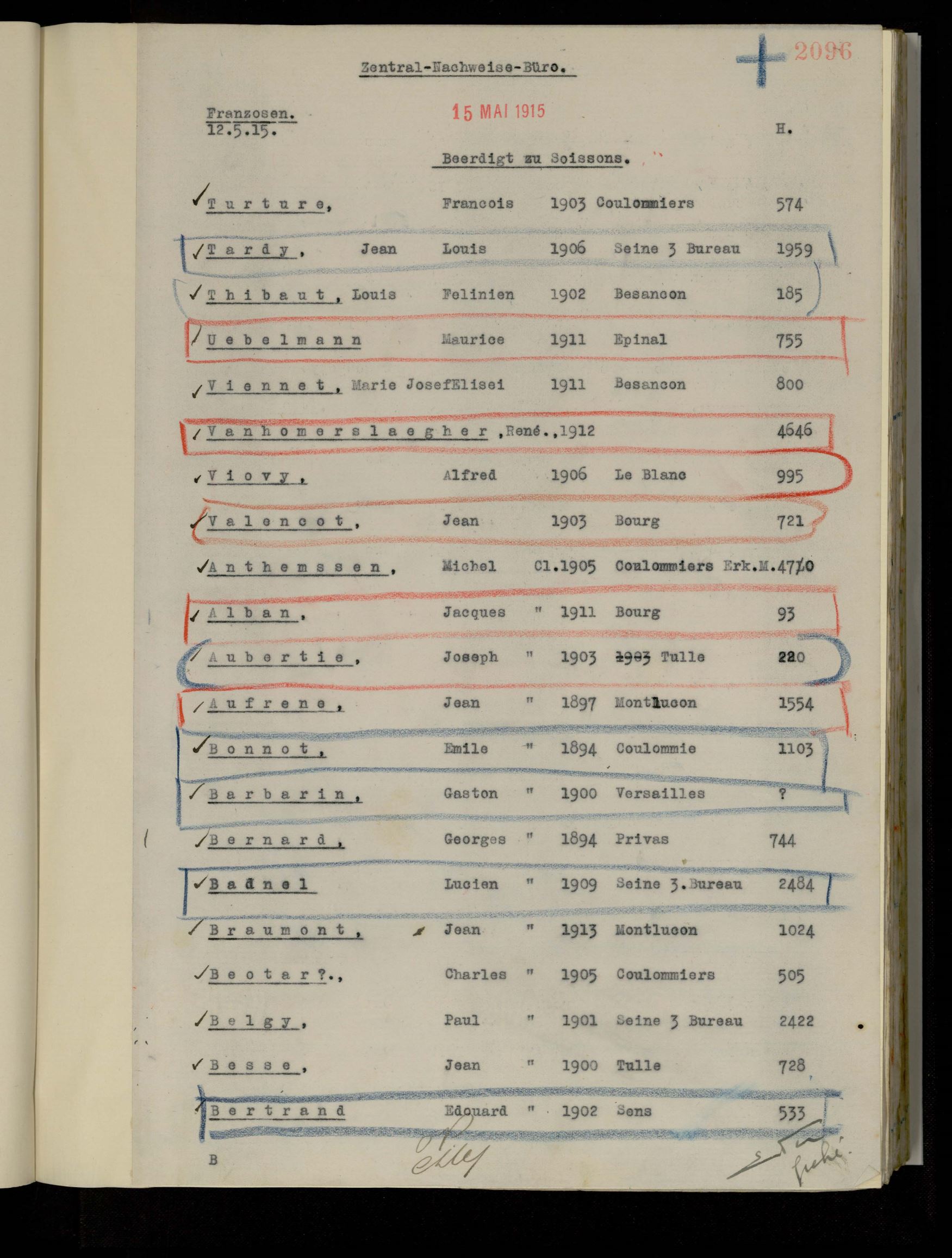 Liste  prisonniers français enterrés à Soissons dont Georges Bernard