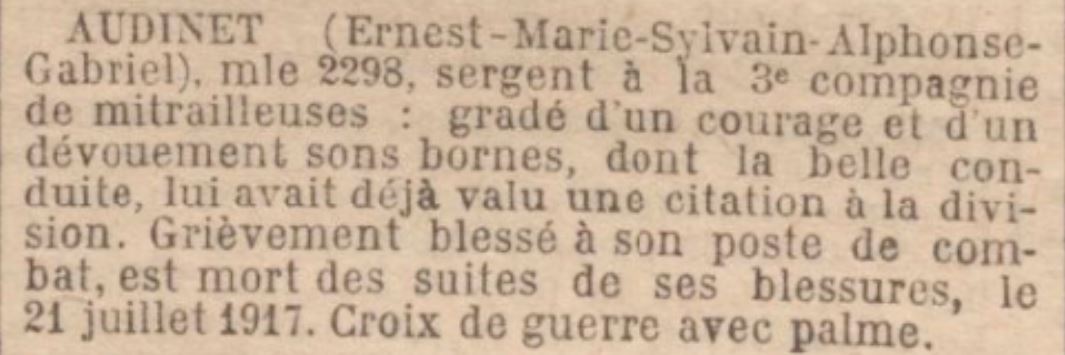 Journal Officiel du 04/10/1919 - AUDINET Ernest