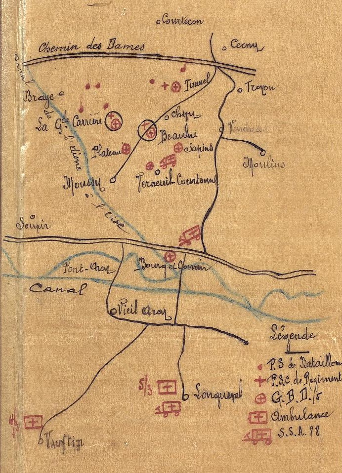 Plan d'évacuation du secteur Arbre de Cerny-les Vauxmerons-les Grelines - service de santé de la 5e division d'infanterie