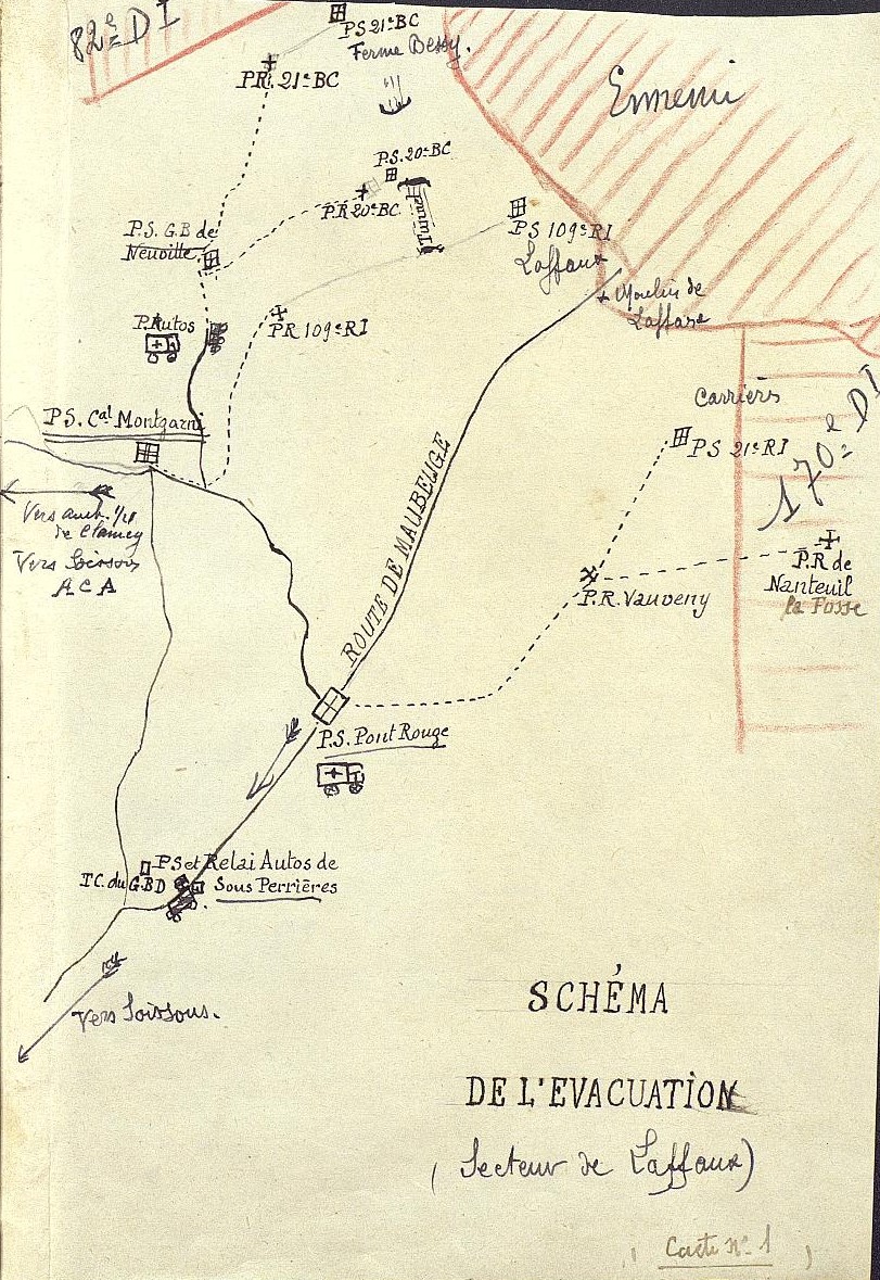 Plan d'évacuation des blessés dans le secteur de Laffaux - service de santé de la 13e division d'infanterie