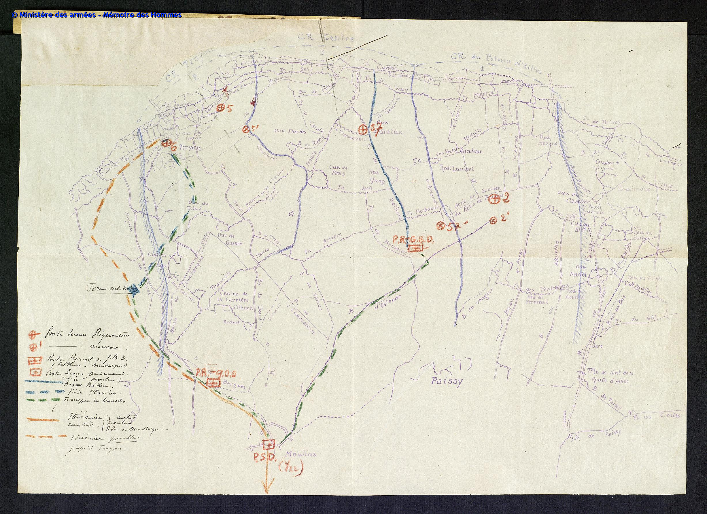 Plan d'évacuation du secteur Troyon- Poteau d'Ailles par le service de santé de la 15e division d'infanterie coloniale